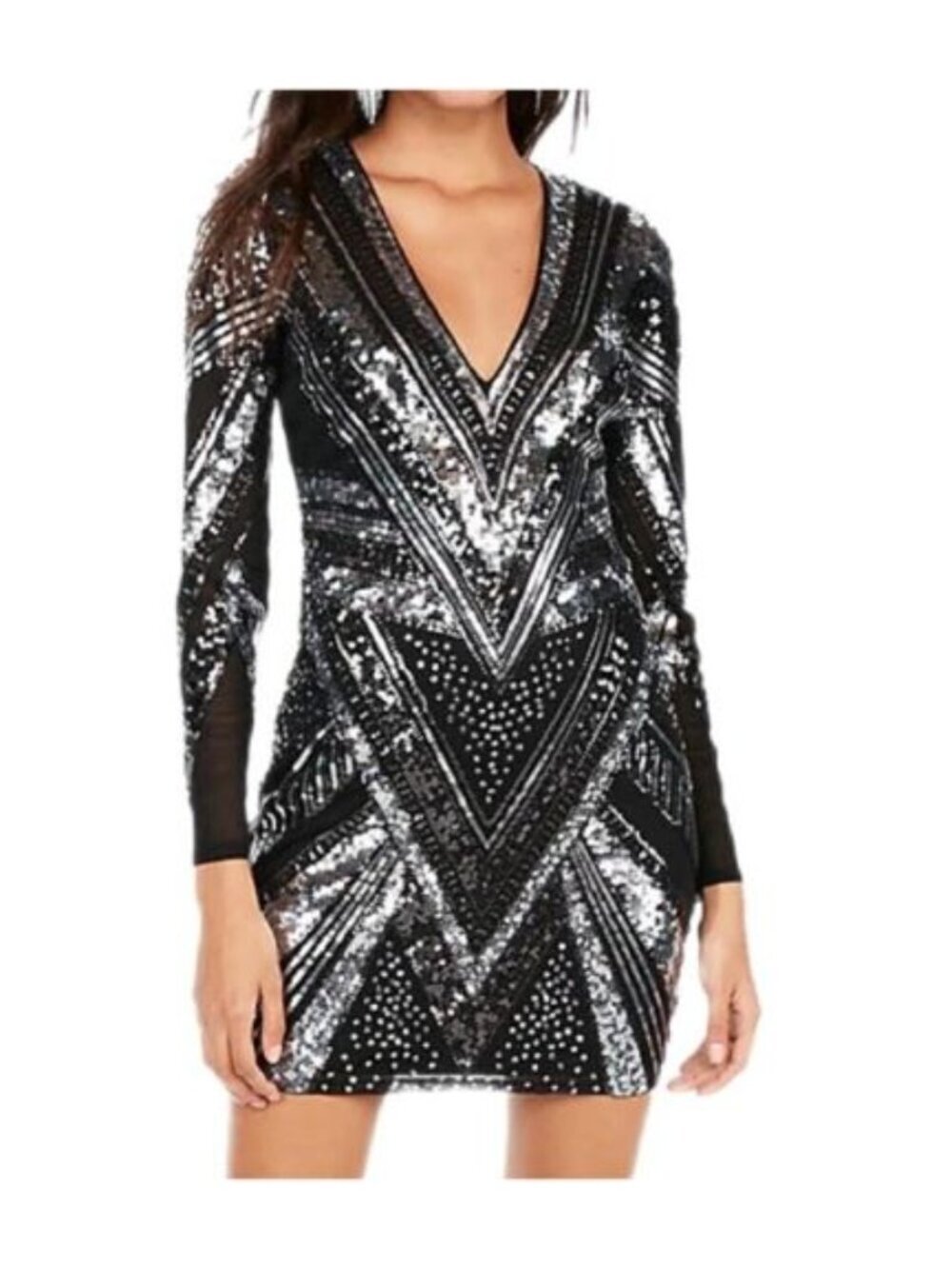 Express Long Sleeve V-Neck Sequin Shimmer Party Mini Dress